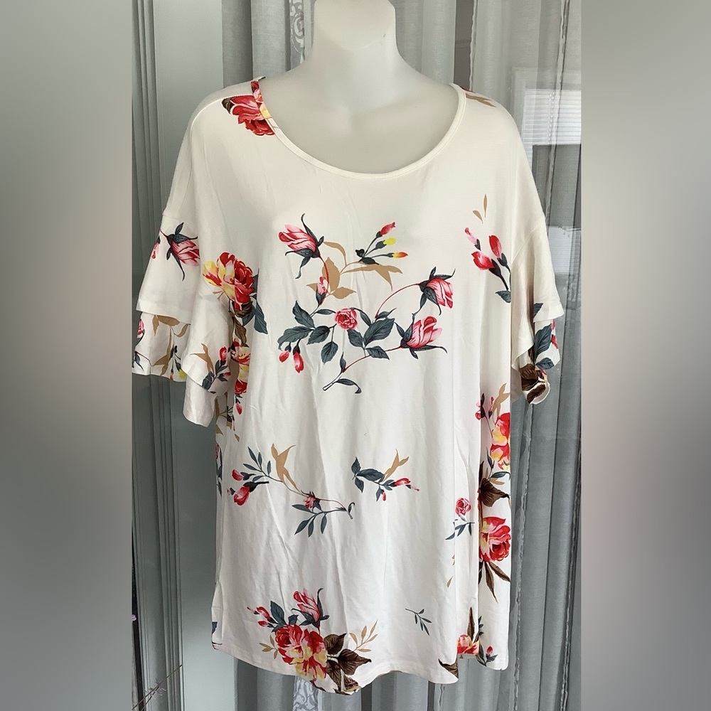 DOUBLE RUFFLE SHORT SLEEVE FLORAL TUNIC TOP🇺🇸